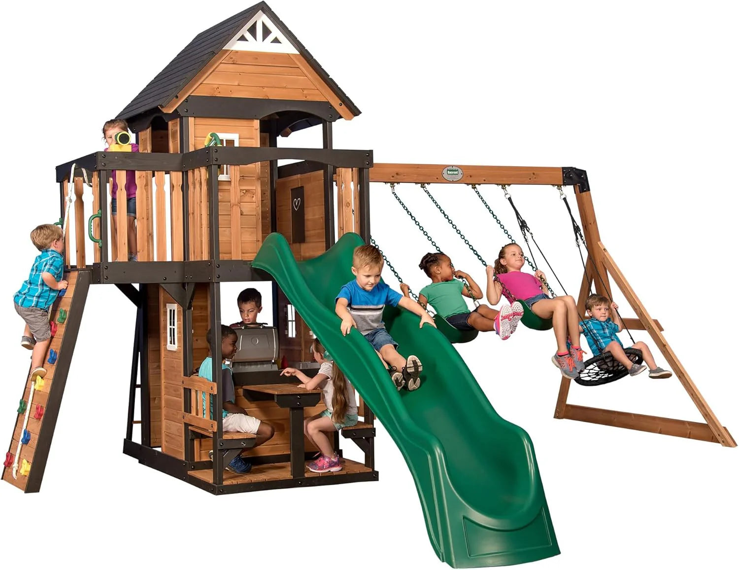 2025 Backyard Discovery Canyon Creek Spielset für draußen aus Zedernholz mit Rutsche, Baumhaus, Schaukeln und Kletterwand