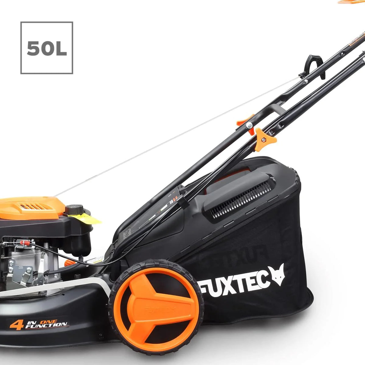 Cortacésped de Gasolina FUXTEC FX-RM4646ECO 46cm de Anchura de Corte - Potente Motor de Gasolina de 146cc Easy Clean 3en1 2,6KW Mulching recogedor de Hierba 50L