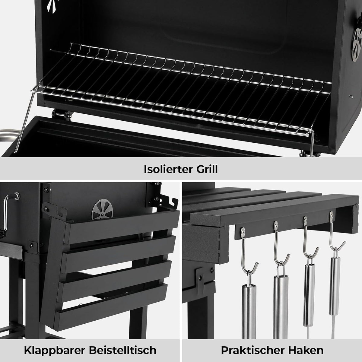 Barbacoa de Carbon XXL, Parrilla de Carbón con Chimenea y Tapa, Parrilla con Carrito BBQ Smoker con Ruedas y Termómetro, Grande BBQ Carbon para Camping y Jardín