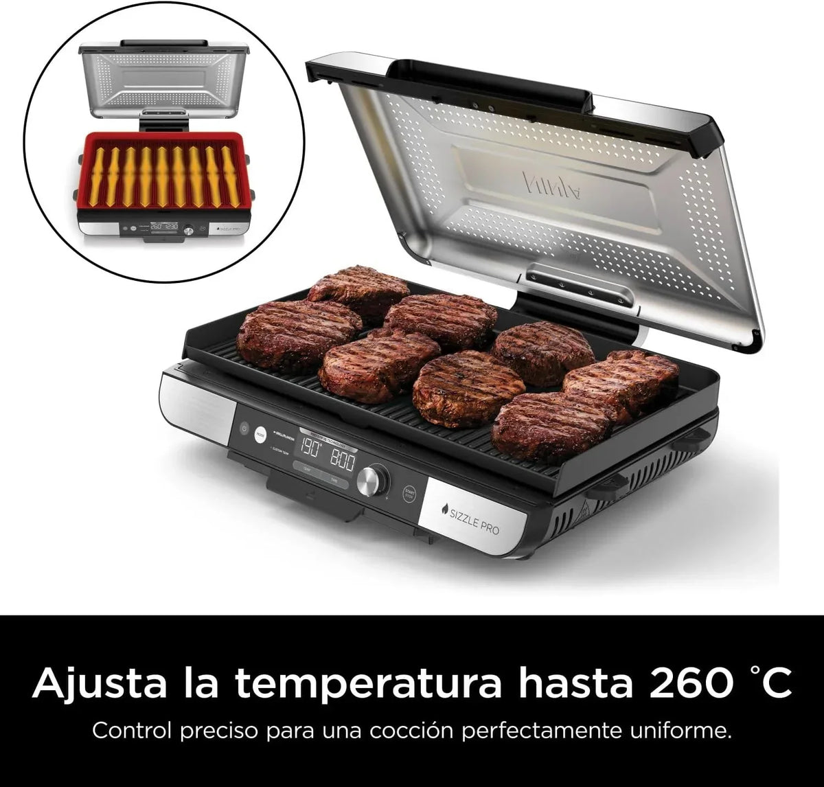 Ninja Sizzle Pro XL Indoor Grill und Bratplatte mit antihaftbeschichteter Keramik-Grill- und Bratplatte, abnehmbarem Deckel, Fettauffangschale und Rezeptheft, Silber/Schwarz GX101EU