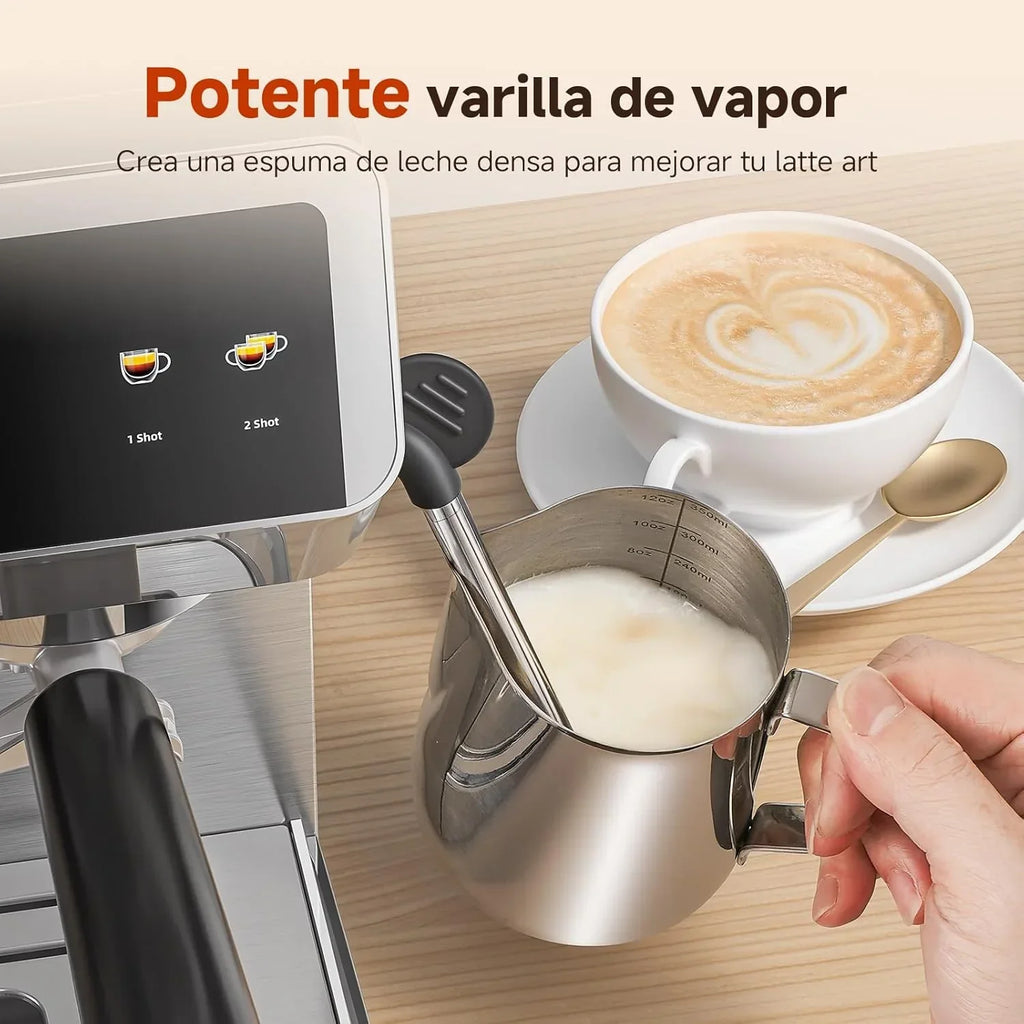 AMZCHEF Espresso Maker with Built-in Grinder 20 Bars – Coffee Machine with 44 Grinding Settings, Milk Steamer, 4 Temperatures, Cold Coffee Function, Stainless Steel, 1.8L Tank