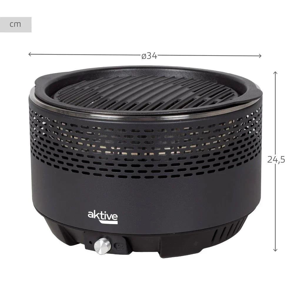 Barbacoa Portátil Negra A Carbón Sin Humo Aktive, Ø34x21,5cm, Con Protección Antigoteo