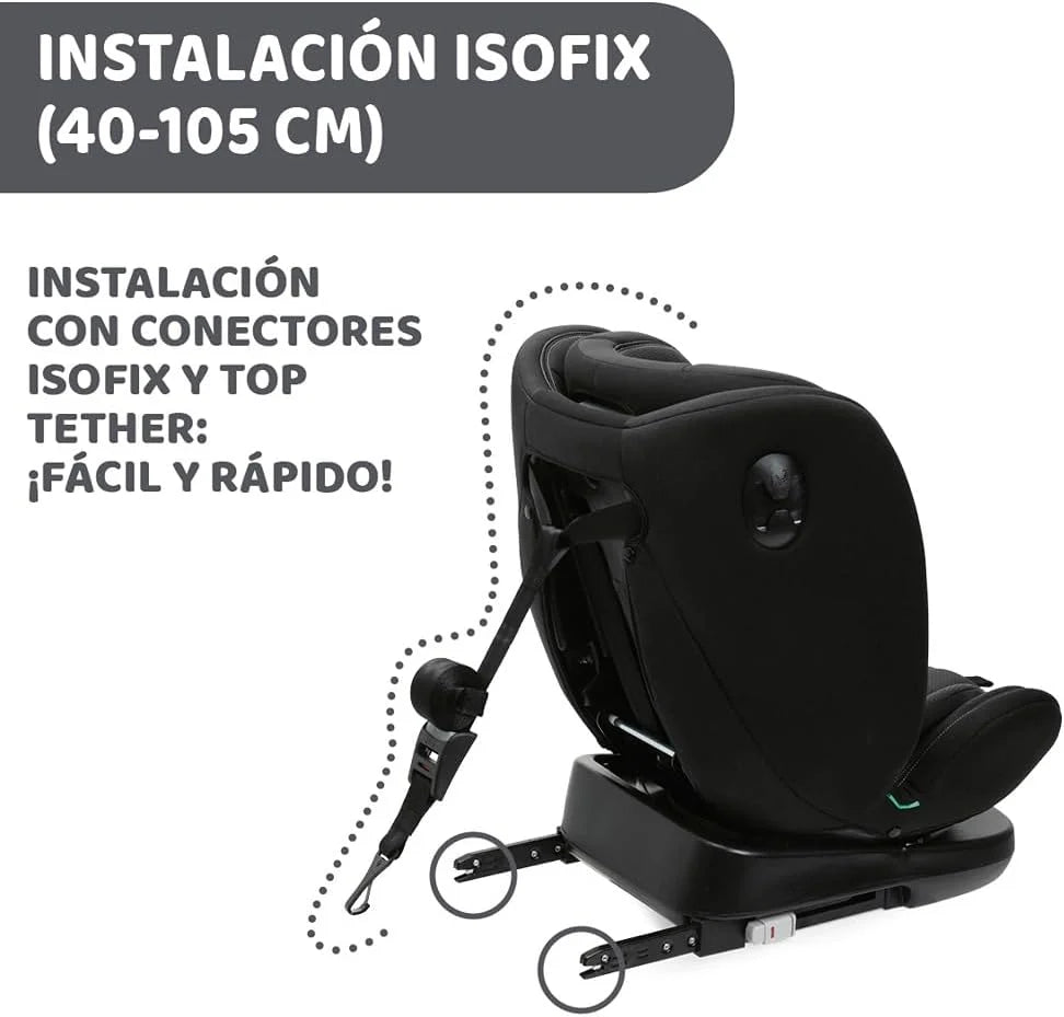 Chicco Unico EVO I'Size Classic, Silla de Coche ISOFIX para Bebés y Niños de 40 a 150 cm, Grupo 0123 Desde Recién Nacido hasta 12 Años, Giratoria 360º, Reductor, Ajustable y Protección Lateral, Negra