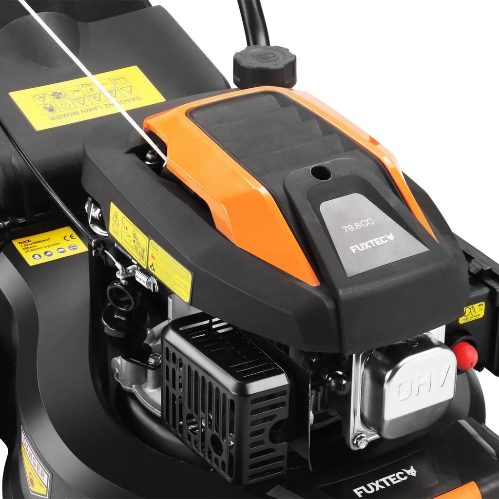 Cortacésped de Gasolina FUXTEC FX-RM4646ECO 46cm de Anchura de Corte - Potente Motor de Gasolina de 146cc Easy Clean 3en1 2,6KW Mulching recogedor de Hierba 50L