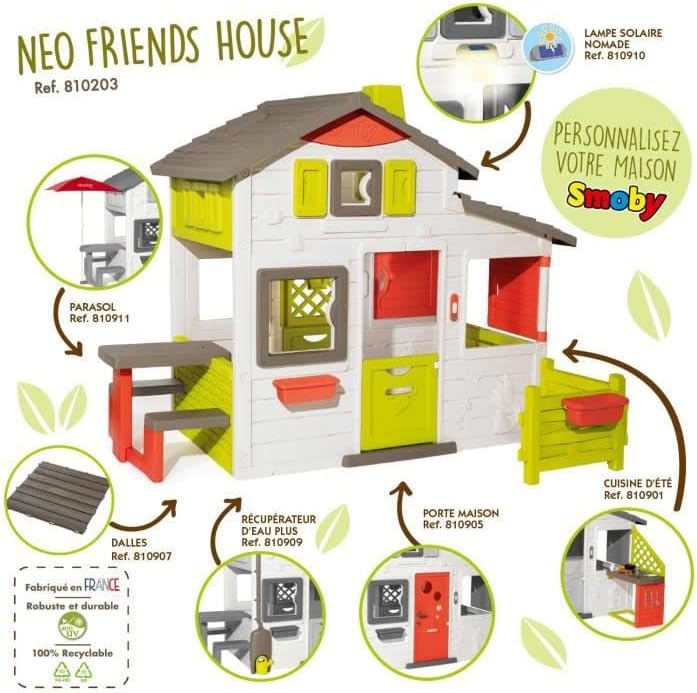 Smoby Life - Casa de Juegos Friends House EVO con 2 Puertas, 6 Ventanas y Mesa de Picnic Extraíble – Fabricada en Material Reciclado, Protección UV, para Niños a Partir de 3 Años (7600810208)