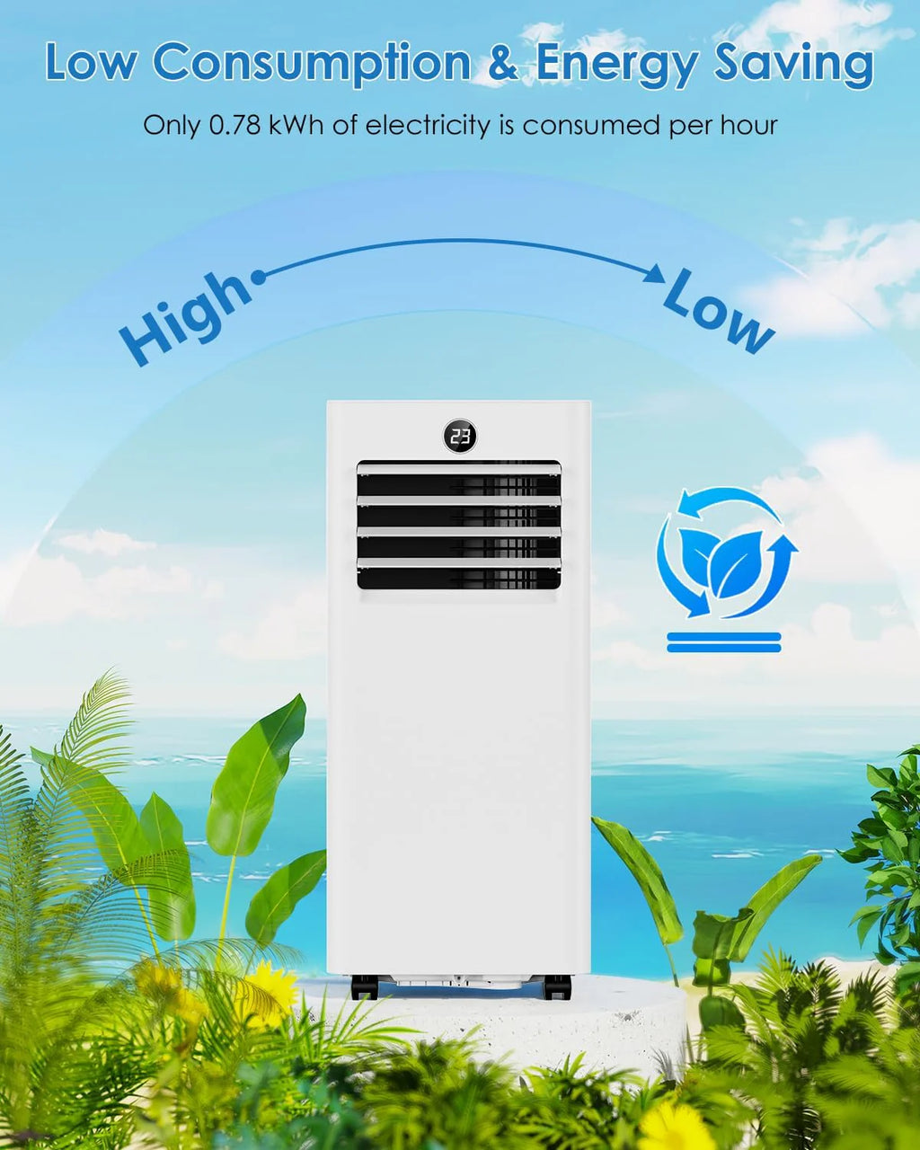 Aire Acondicionado Portatil 7000 BTU, Enfriamiento/Ventilador/Deshumidificación/Modo Sueño 4 en 1, Táctil/Mando a Distancia, Temporizador 24h, Ruedas 360°, Incluye Manguera de Escape & Kit de Ventana