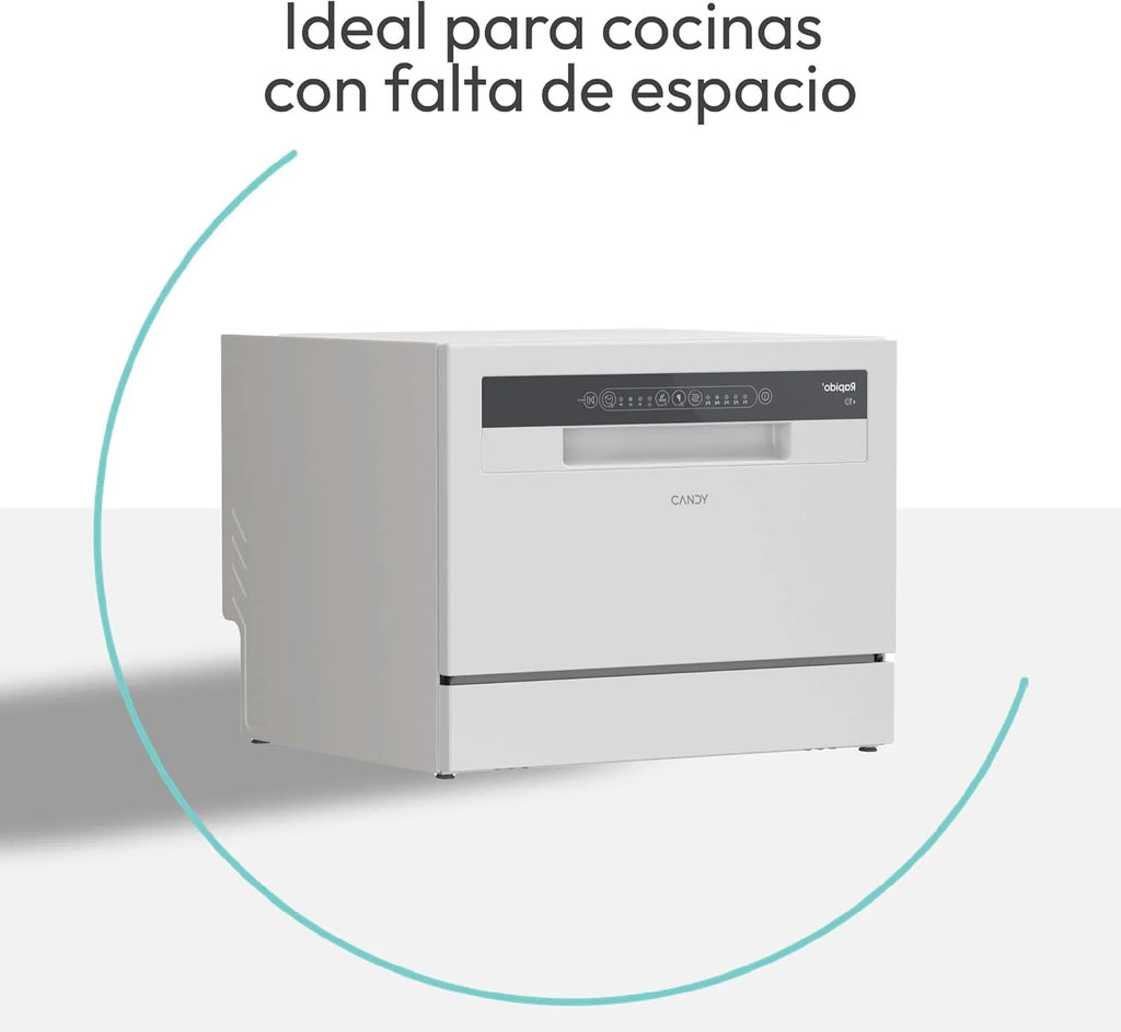 Candy CP 6E51LW Lavavajillas Pequeño y Compacto, 6 Servicios, Digital, 51DBA, 5 Ciclos, Media Carga, Inicio Diferido 3-6-9 horas, Indicador Sal y Abrillantador, Indicador Fin de Ciclo, Blanco