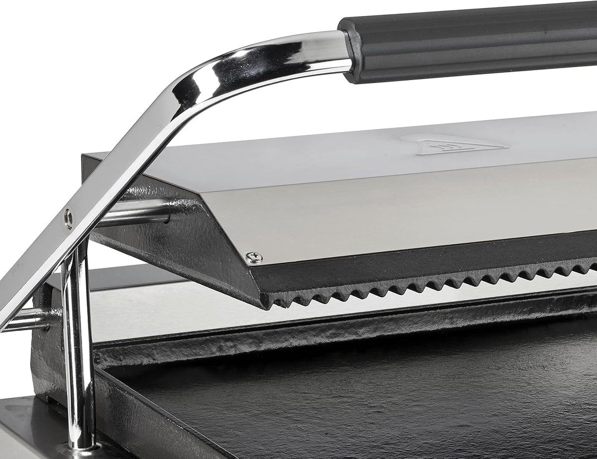 METRO Professional Plancha con Panini grill GPG1202, acero inoxidable, 43 x 36 x 20 cm, temperatura hasta 300°C, 45 paninis cada 60 minutos, plata