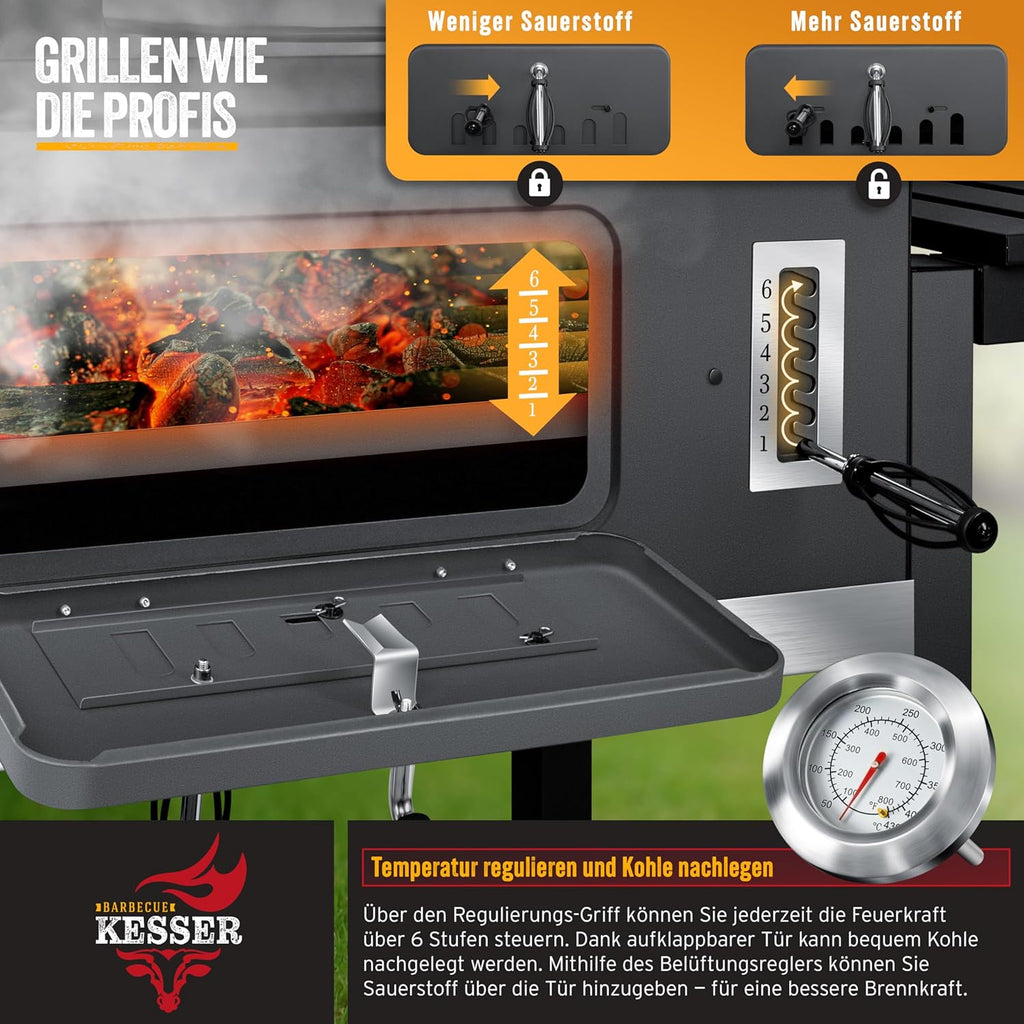 KESSER® Holzkohlegrill mit Wagen Grill mit Deckel, Rädern, Edelstahlgriff | Grill und Thermometer Großer Holzkohlegrill BBQ Grill Camping, Terrasse, Garten XXL Grau