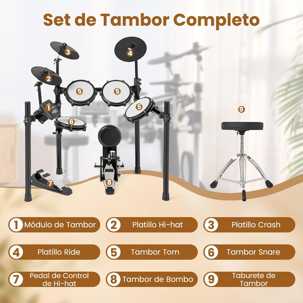 COSTWAY E-Drum-Set, faltbares Schlagzeug mit leisen Mesh-Pads, Becken, 225 Sounds und 30 Demos, Metronom und USB-MIDI, Bassdrum, 2 Schlagstöcke, verstellbarer Hocker, für Erwachsene und Kinder