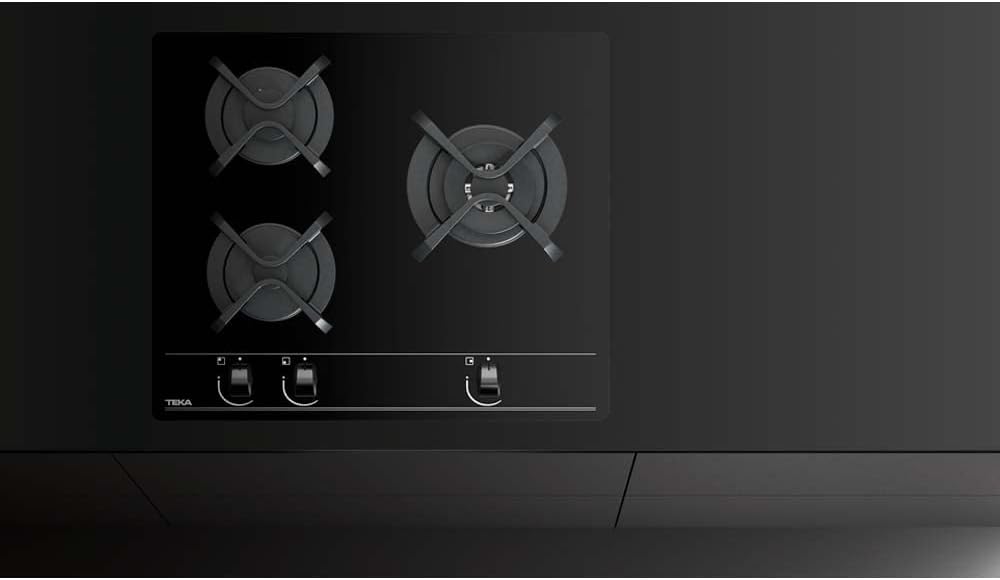 TEKA Placa de Gas Natural 60 cm, 3 Fuegos, Cristal Templado, Mandos Frontales Ergonómicos, Quemador Doble Anillo, Seguridad Termopar, Autoencendido, GBC 63010 KBN