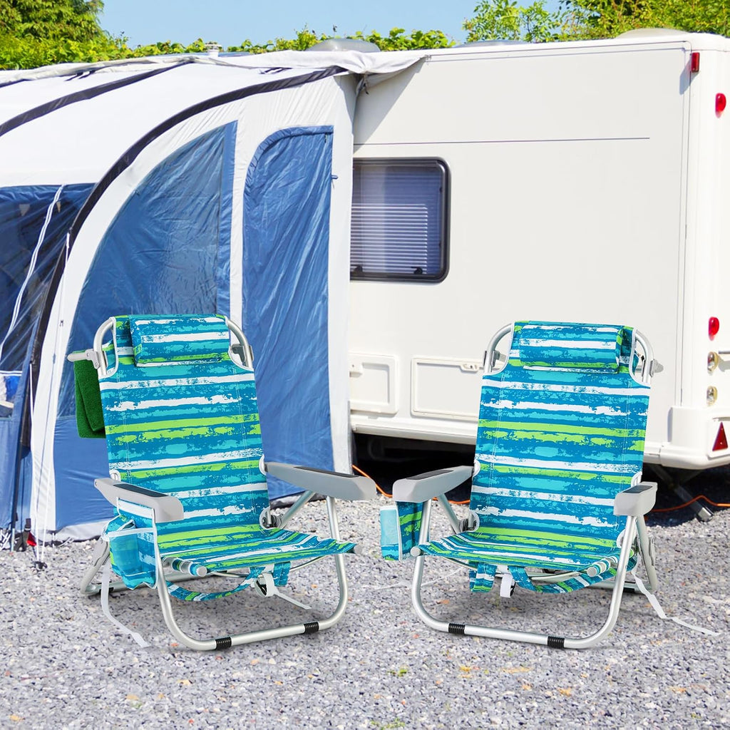COSTWAY Silla Plegable de Playa, Tumbona con 5 Posiciones, Portavasos, Bolsillos de Almacenamiento, Correas de Hombro, Soporte para Toallas, Almohada, 150kg (Verde+Azul,1)