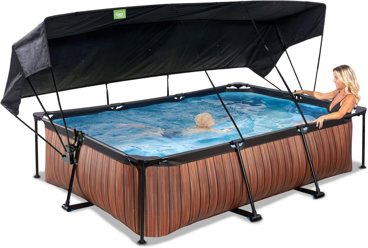 EXIT Toys Holzpool mit Solardach - 300x200x65cm - Kompakter rechteckiger Rahmenpool mit Kartuschenfilterpumpe - Optimaler UV-Schutz - Einfacher Zugang - Einzigartiges Design - Braun