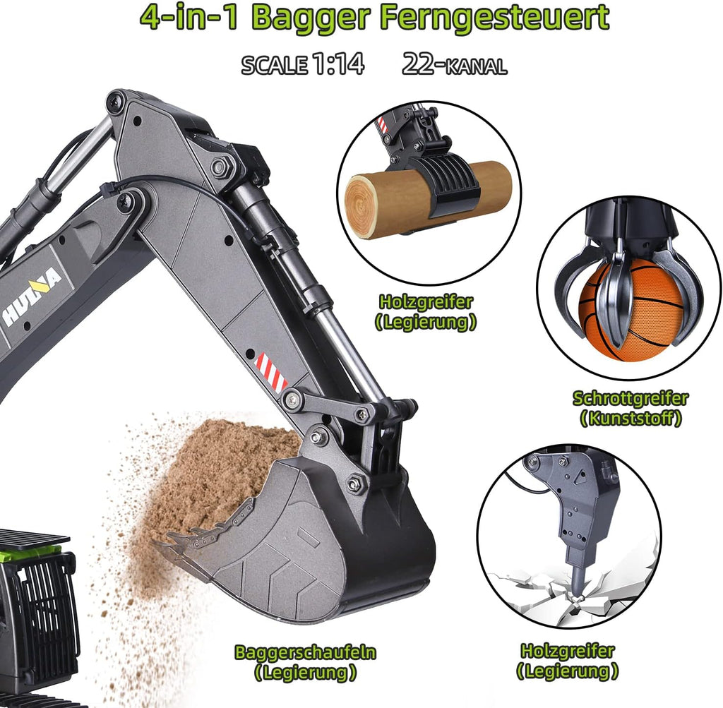 1:14 Bagger Spielzeug Groß, 22 Kanäle Vollfunktionsbagger Spielzeug, RC Bagger Ferngesteuert +2 Akkus+3 Zubehör, RC Bagger Spielzeug, Krane Spielzeug Junge 4 6 8 10 14+ Jahre