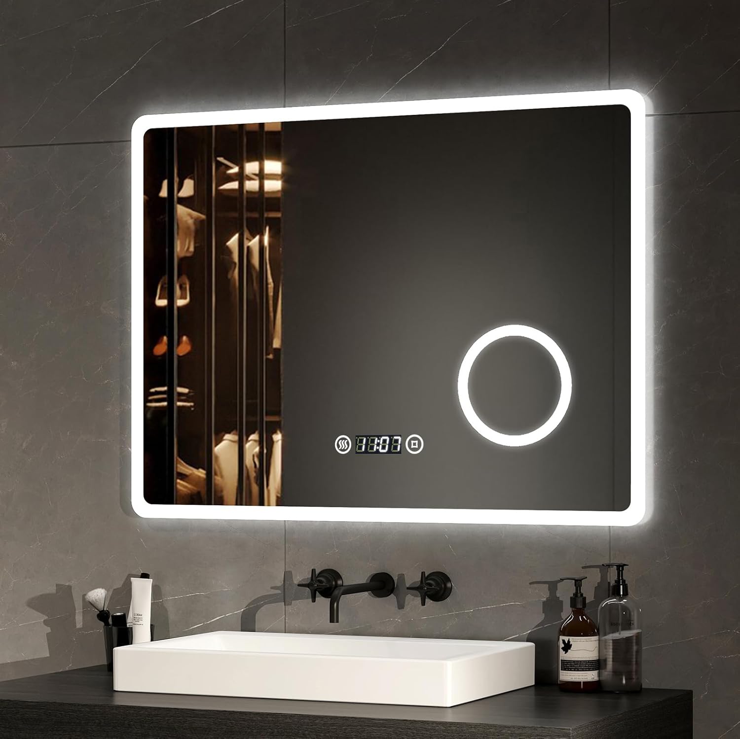 EMKE LED Badspiegel 90 x 70 cm, mit Touch-Schalter, Antibeschlag, 3X Lupe, Uhr, 6500K