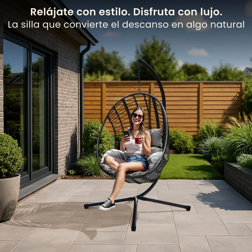 Swoods XXL Silla Colgante de Jardín - para Interior y Exterior - Silla Colgante con Base - Incluye Cojines - Resistente a la Intemperie - Carga máxima 150 kg
