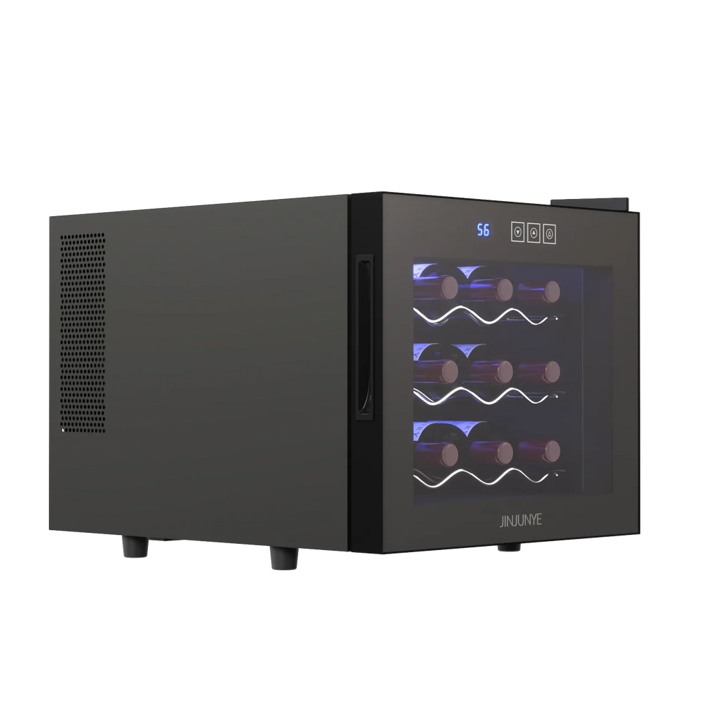 2025 Nevera para vino JINJUNYE, enfriador compacto para 12 botellas, mini bodega de mostrador con control de temperatura, nevera para vino independiente con puerta de vidrio para el hogar, oficina, bar, regalo para hombres