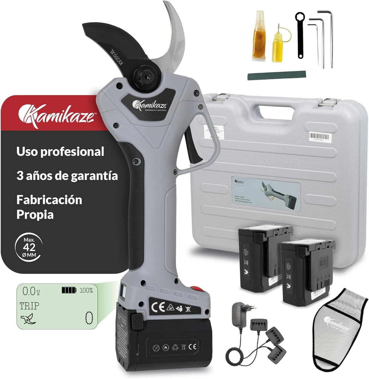 KAMIKAZE KV390 Professionelle elektrische Astschere mit 21,6V Lithium-Akku, Ø35mm Schnitt, 2 Akkus und Dreifachladegerät, Smart Display, Wartungskit und Transportkoffer