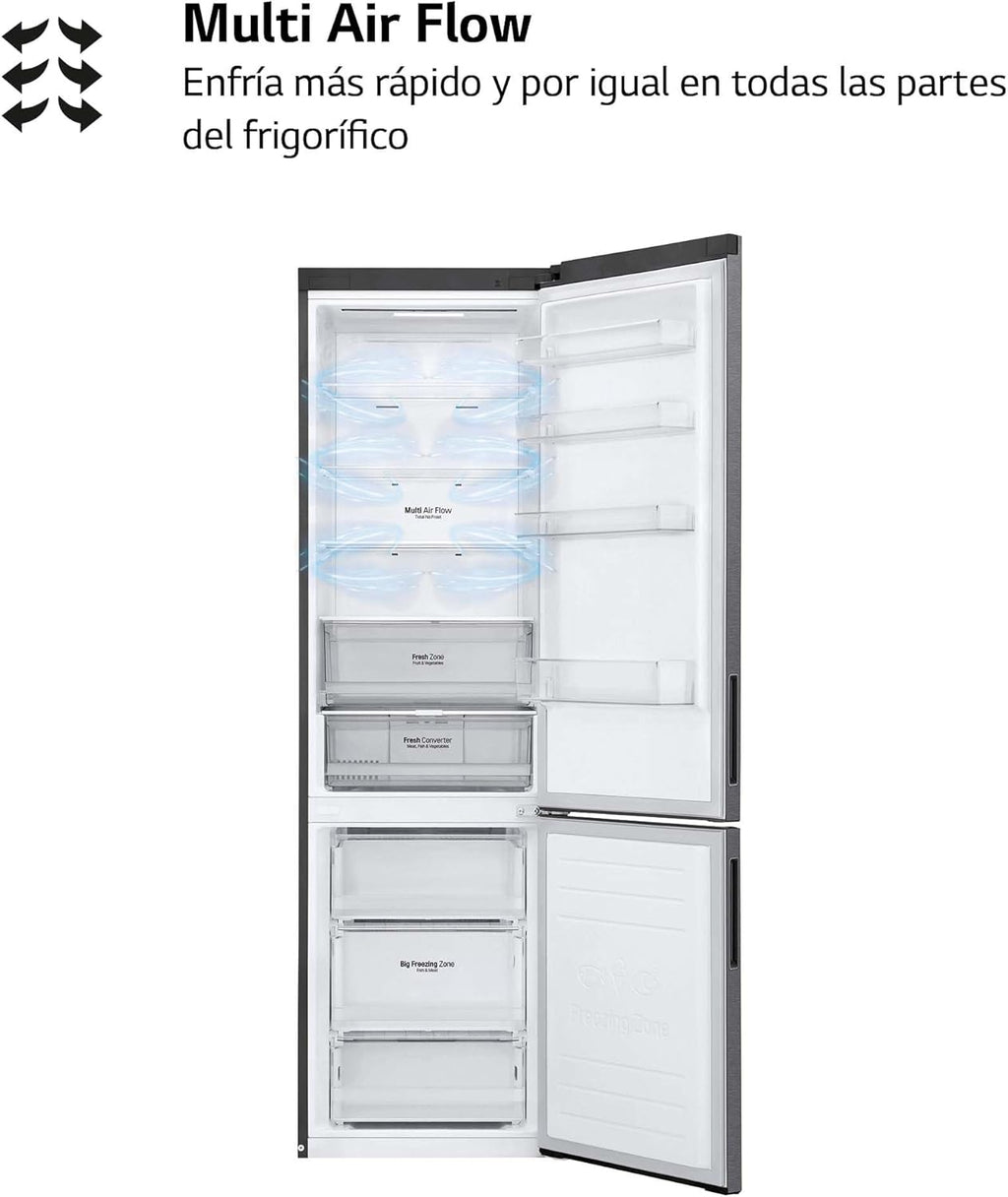 LG GBP61DSXGC - Frigorífico Combi No Frost, Congelador, Compresor Smart Inverter, Color Inox Antihuellas, 186 cm, 341 l