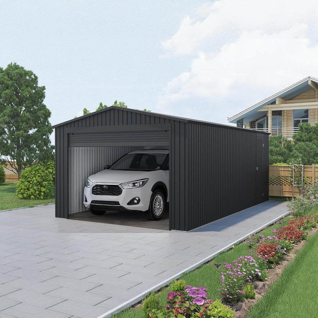 Wasabi - Metallgarage 19,52m² Jarama – Breites Rolltor – Wetterschutz für Autos – Sicherheitsschloss mit Schlüssel – Seitliche Fußgängertür – Carport Gartenhaus Lager – 576x338x243cm