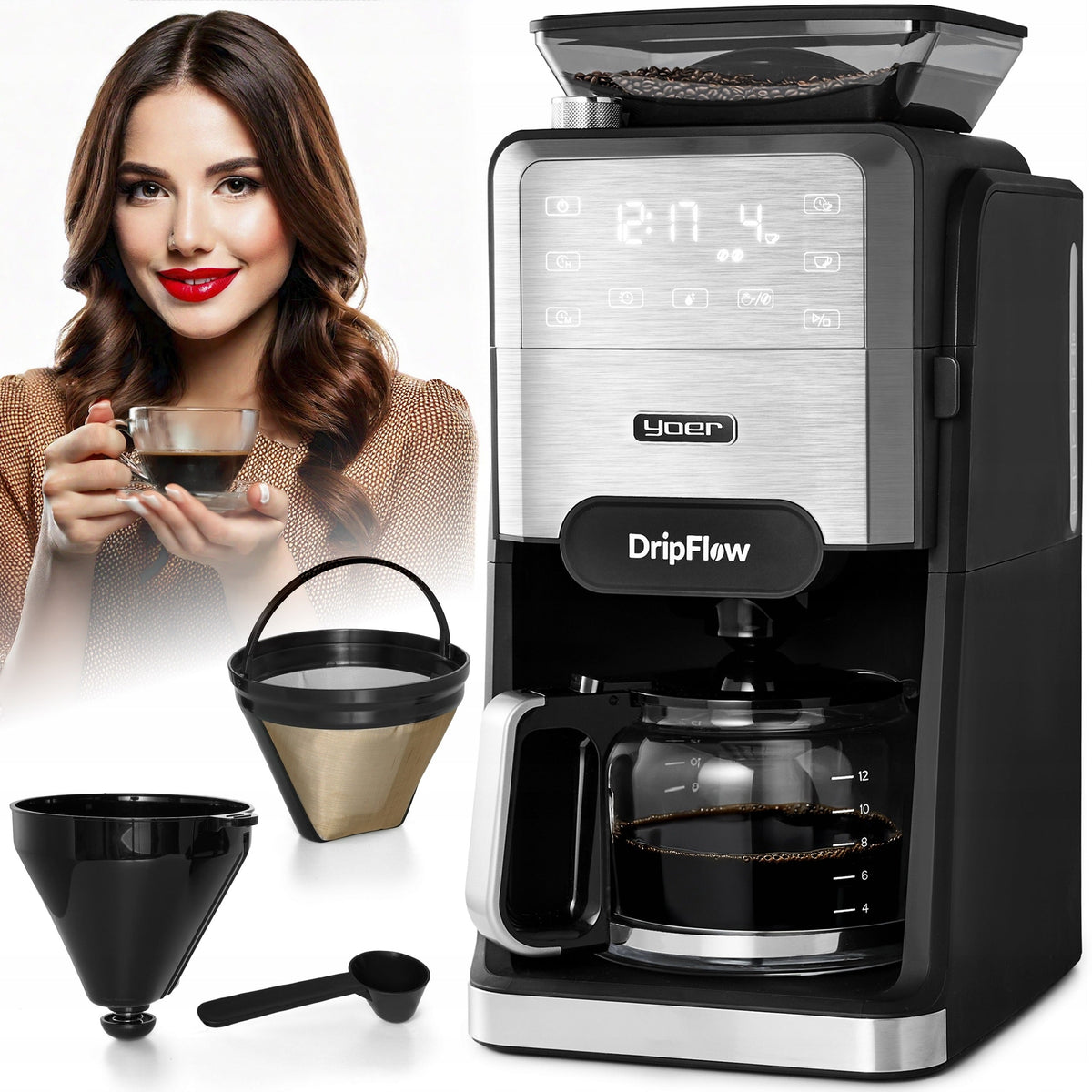 Filterkaffeemaschine mit Kaffeemühle Yoer 1520W 1,5L +Timer