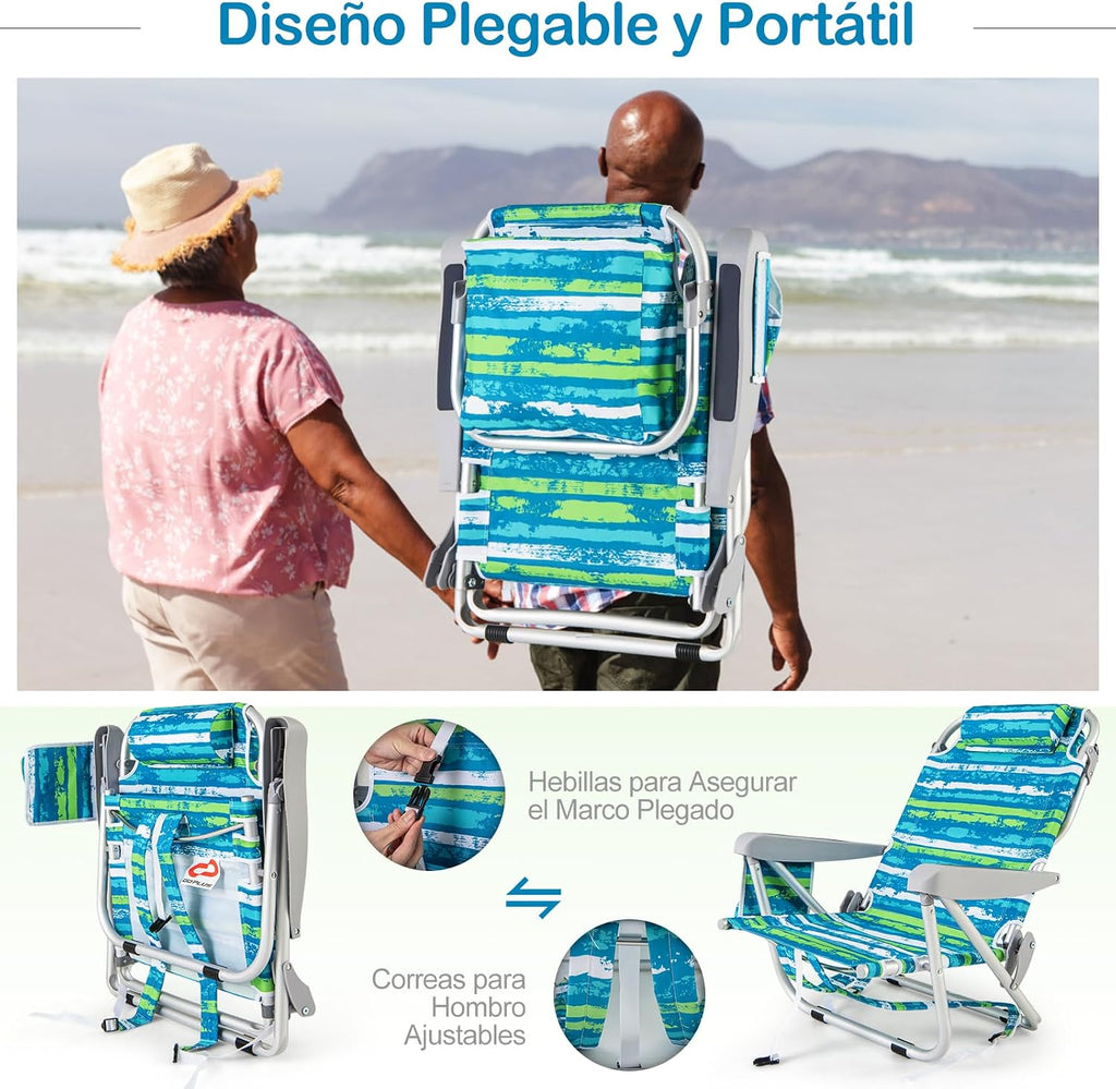 COSTWAY Silla Plegable de Playa, Tumbona con 5 Posiciones, Portavasos, Bolsillos de Almacenamiento, Correas de Hombro, Soporte para Toallas, Almohada, 150kg (Verde+Azul,1)