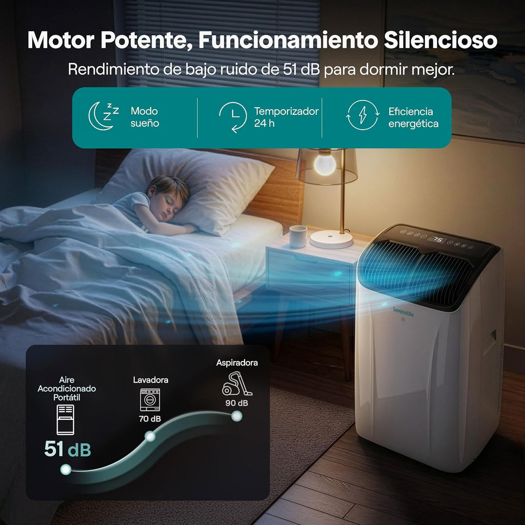 SereneLife Aire Acondicionado Portátil 14000 BTU con WiFi, Climatizador 3 en 1 Frío, Ventilación y Deshumidificador, Smart con Kit de Ventana, para Hogar y Oficina