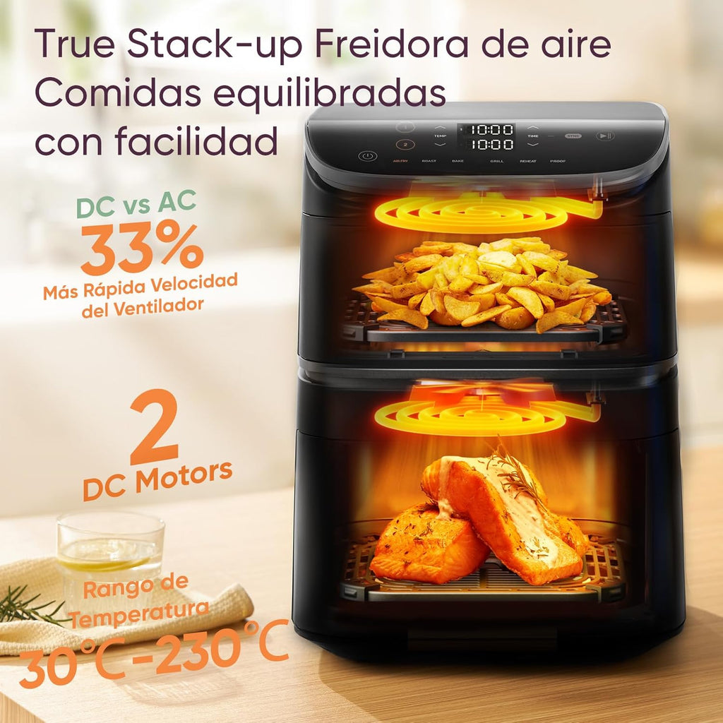 Cosori Turbo Tower Heißluftfritteuse 10,8L mit vertikalen Körben, platzsparendes Kochen auf 3 Ebenen, 2630 W, 6 Funktionen, 2 Gleichstrommotoren, über 50 vollständige Online-Rezepte