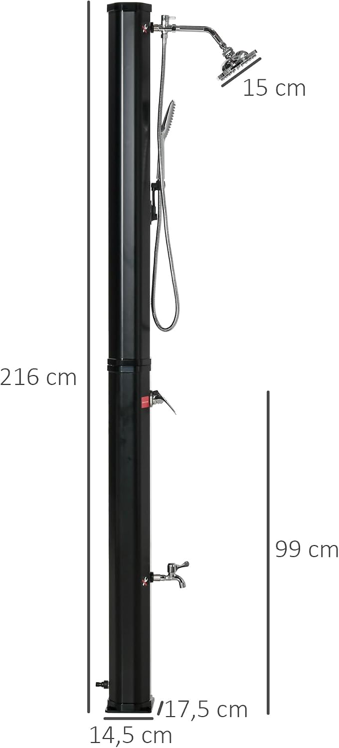 Outsunny Ducha Solar de Exterior 35 L con 2 Cabezales de Ducha y Grifo para Agua Caliente 0-55℃ Ducha de Jardín para Piscina Playa Patio 17,5x14,5x216 cm Negro