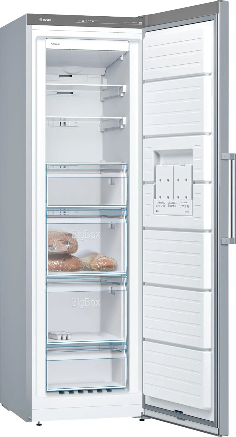 Bosch - Congelador Vertical NoFrost, Serie 4, alto 186 x ancho 60 cm, 242 L, Cajones BigBox para alimentos grandes, Sistema Multiairflow, Acero, GSN29VIEP