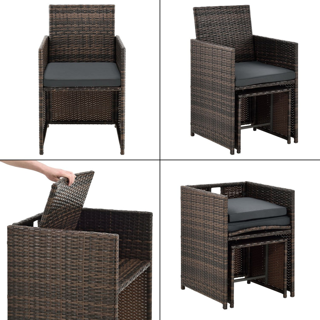 Set De Muebles De Jardín Laredo - 11-piezas - Conjunto De Muebles De Exterior Con Cojines - Terraza - Patio - Set De 6 Sillones - 4 Pufs - Mesa - Polyrattan - Marrón Meler [en.casa]®