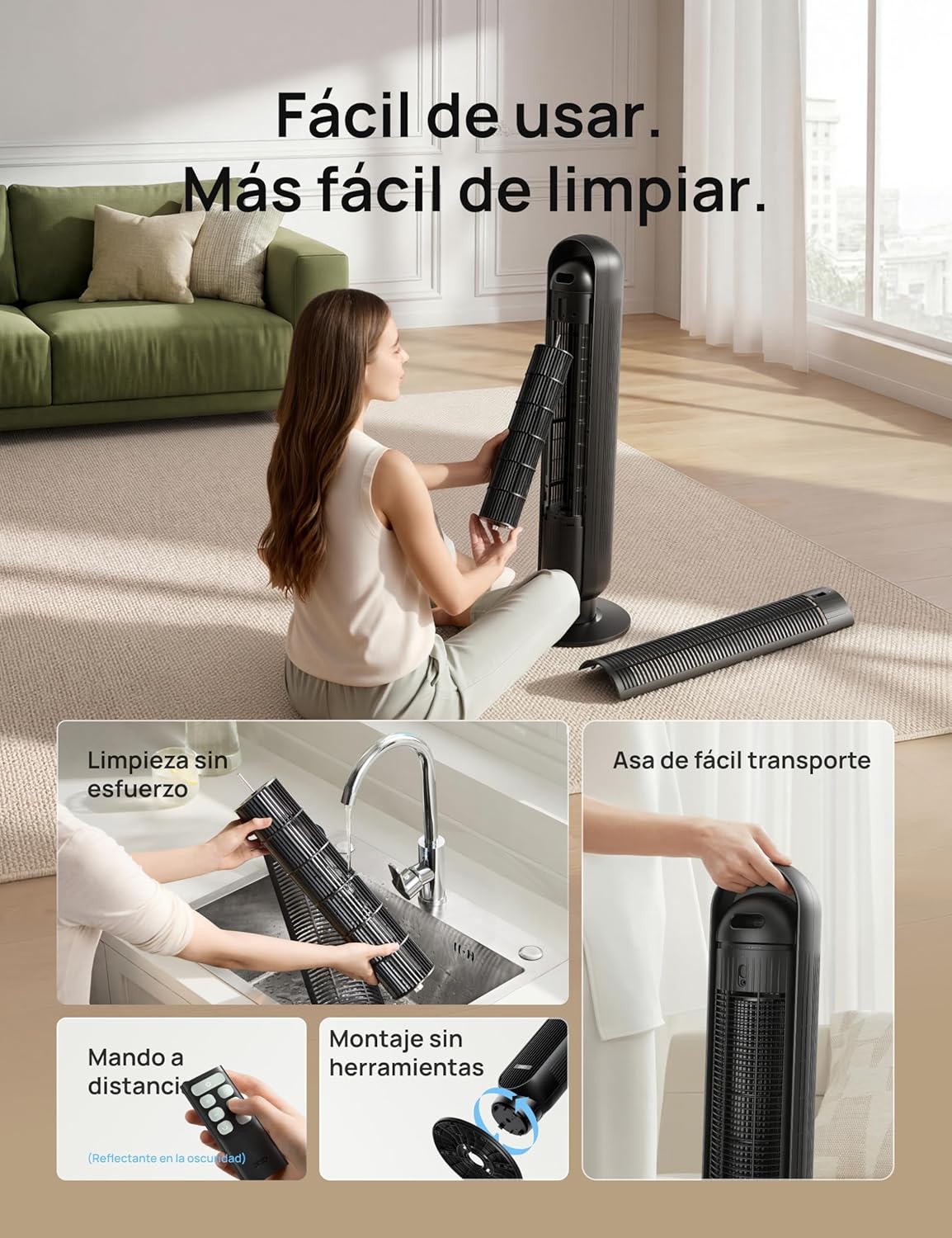 Dreo 20dB Ventilador de Pie Silencioso, Ventiladores de Torre con Velocidad de 7,6 m/s, 4 Velocidades, Rotación de 90°, Temporizador de 8 Horas, Pantalla LED y Mando a Distancia Incluido. Negro
