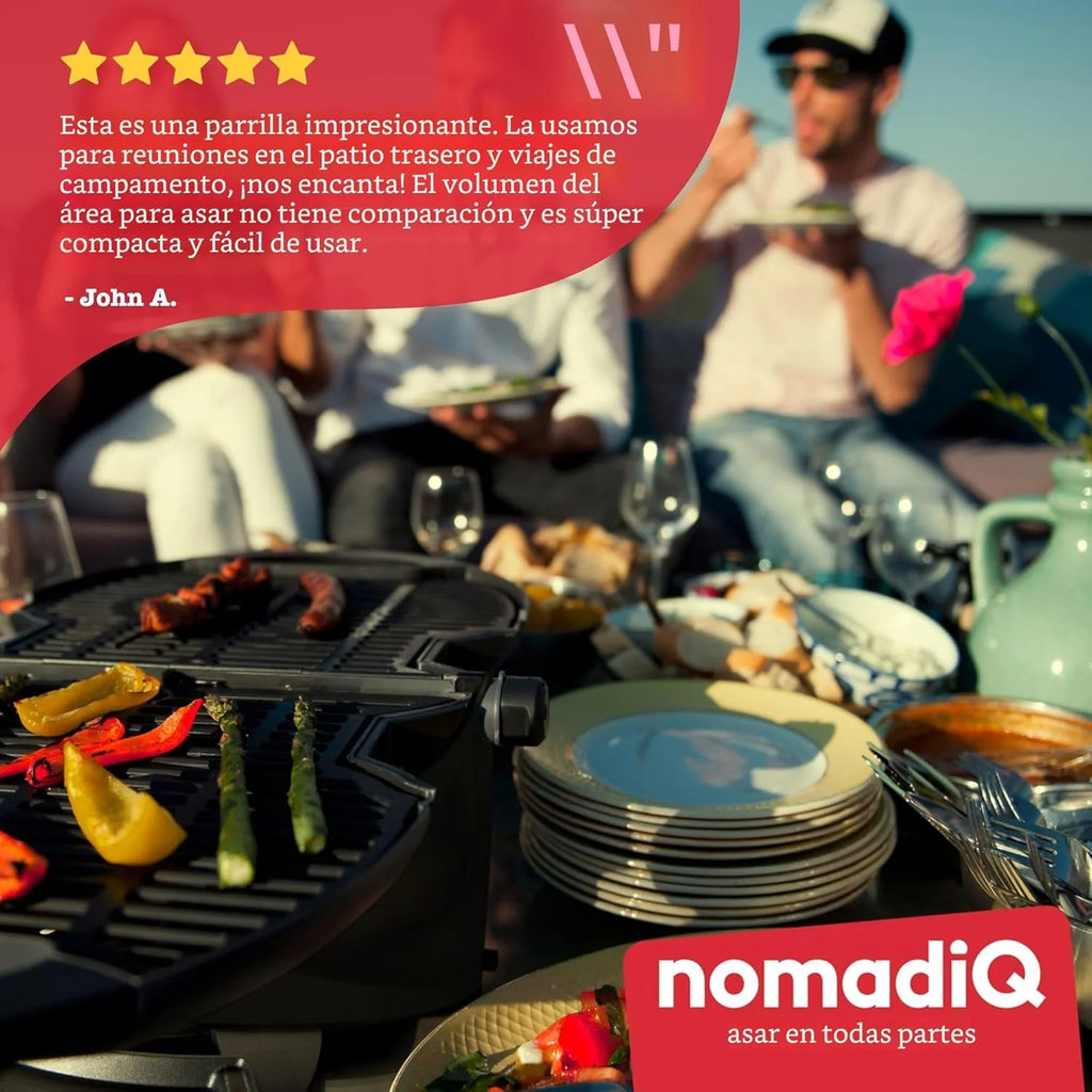 NOMADIQ Parrilla portátil de gas propano | Pequeña, pequeña y ligera barbacoa de mesa | Perfecta para camping, portón trasero, cocina al aire libre, RV, barcos, viajes (parrilla)
