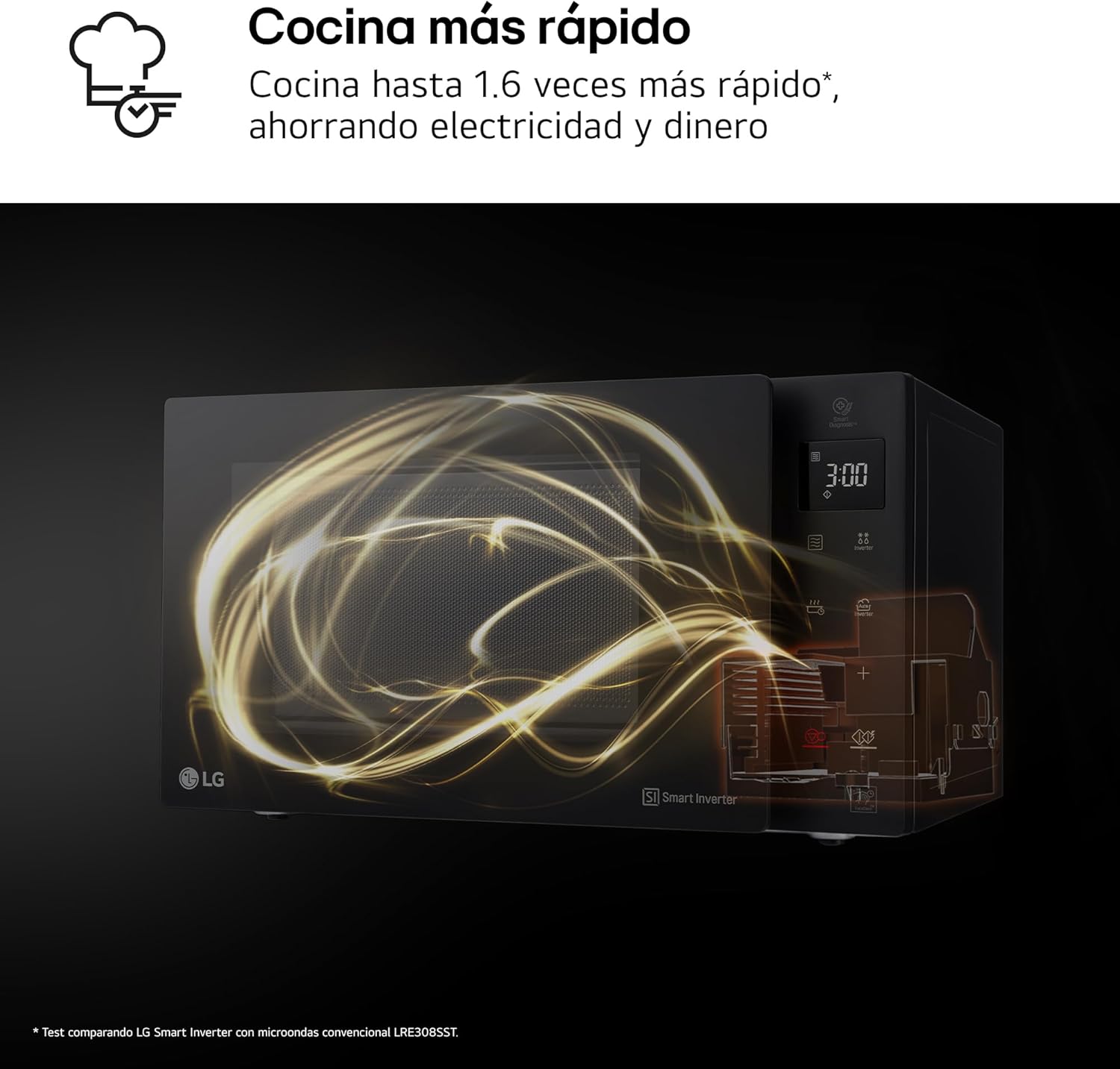 LG MH6535GIB - Microondas con grill, 1000 W, Smart Inverter, Display digital, Color Negro Transparente, 1000 W, 25 l