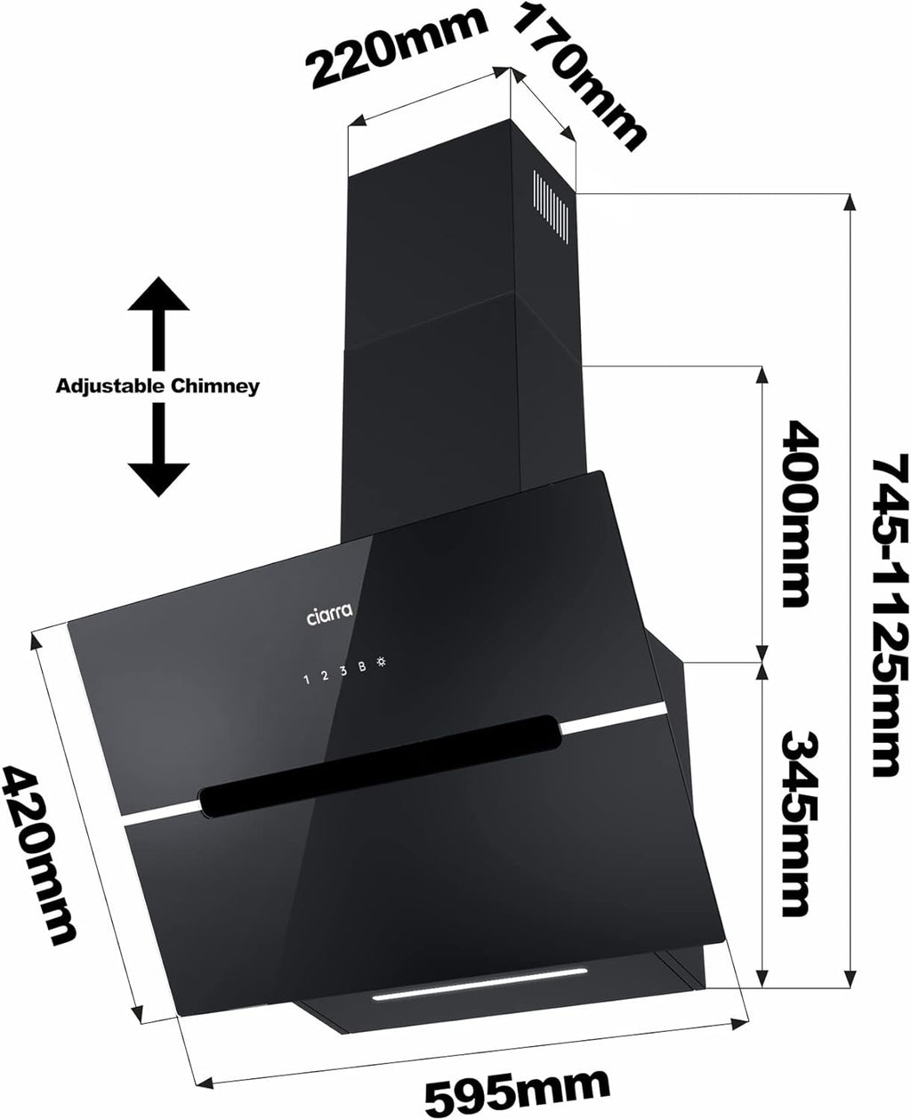 CIARRA CBCB6736F Campana Extractora 60cm CLase A+++ Wi-Fi App Touch-Booster Evacuación al Exterior y Recirculación Interna por Filtro de Carbón CBCF003