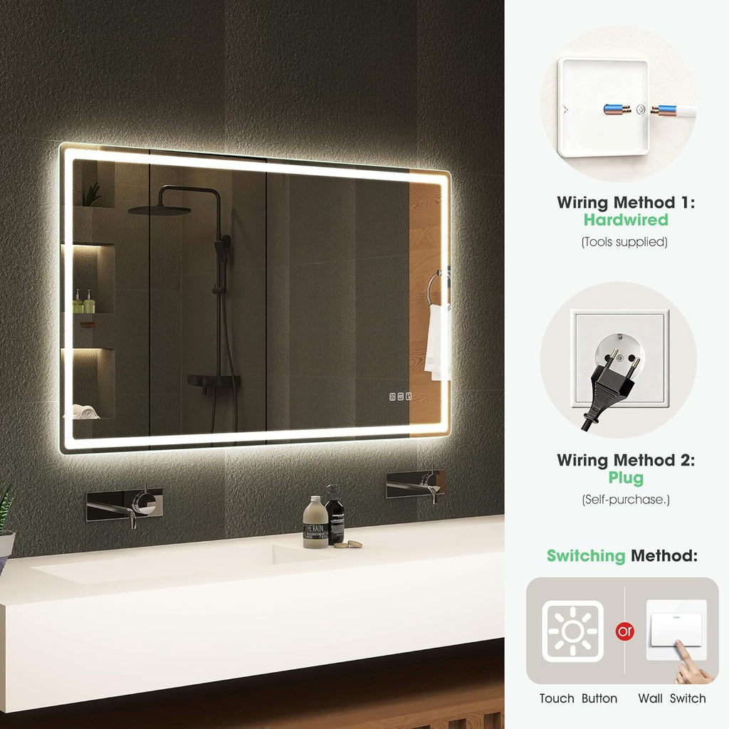 S'bagno Badezimmerspiegel mit Beleuchtung 120x70cm, LED-Badezimmerspiegel Bluetooth mit Antibeschlagfunktion, 3000K/4000K/6500K, dimmbar, Memory-Funktion, HD-Hartglas, IP44-LED-Badezimmerspiegel, Horizontal/Vertikal