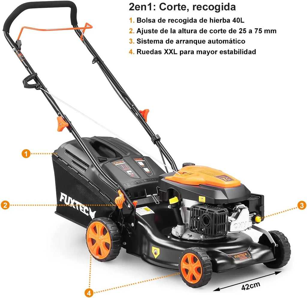 Cortacésped de Gasolina FUXTEC FX-RM4646ECO 46cm de Anchura de Corte - Potente Motor de Gasolina de 146cc Easy Clean 3en1 2,6KW Mulching recogedor de Hierba 50L