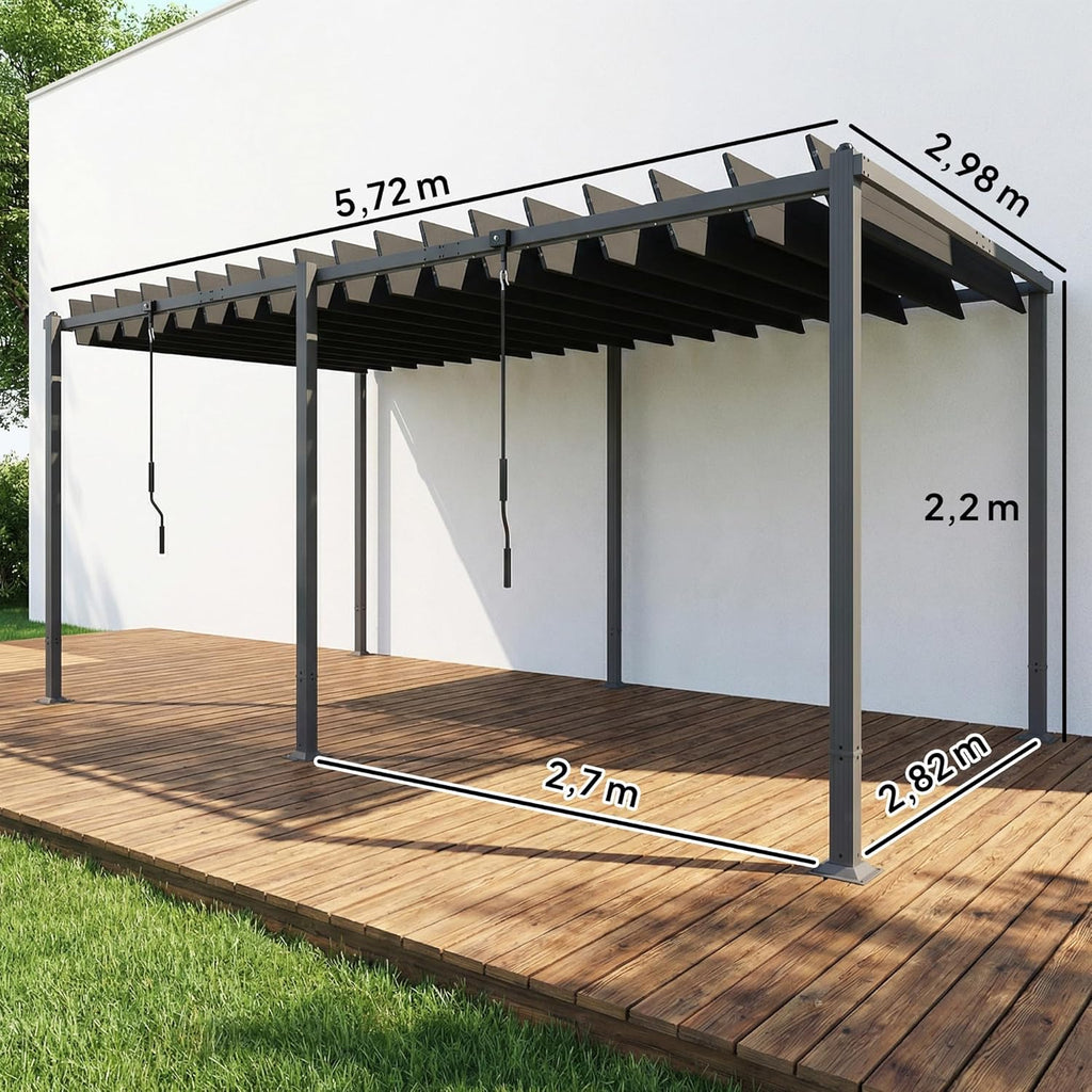 Outsunny Pérgola de Jardín 3x5,7 m, Cenador de Jardín con Techo de Lamas Ajustable a 90°, Manivela, Estructura de Aluminio, Protección UPF50+, Pabellón para Exterior, Patio, Terraza, Gris Oscuro