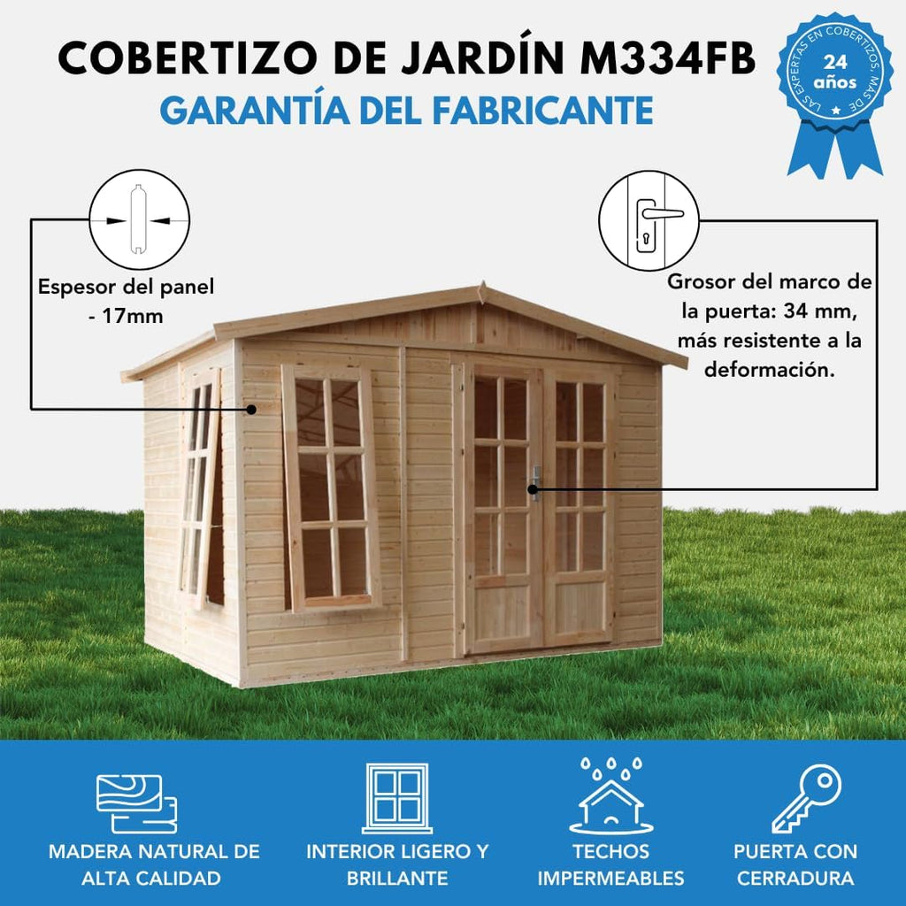 TIMBELA Holz Gartenhaus 6 m2 - Geräteschuppen Garten Außen mit Fußboden, Fenster, Doppeltür - Gartenhütte für Home Office - mit Dachpappe Grün M334FB+H334FBGREEN