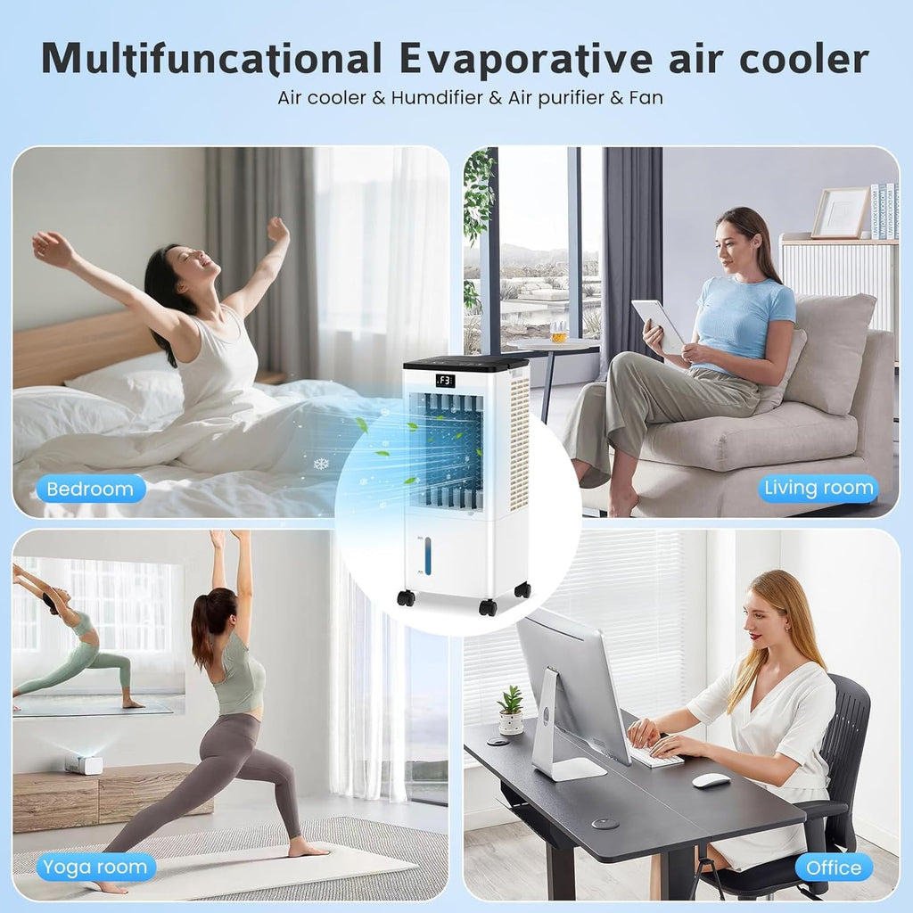 Aire Acondicionado Portátil sin Tubo, Enfriador de Aire Grande 4 en 1, 4 Modos 3 Velocidades, Climatizador Evaporativo 60W, Temporizadores de 1-12 H, con Control Remoto, 4 Ruedas para Hogar Oficina