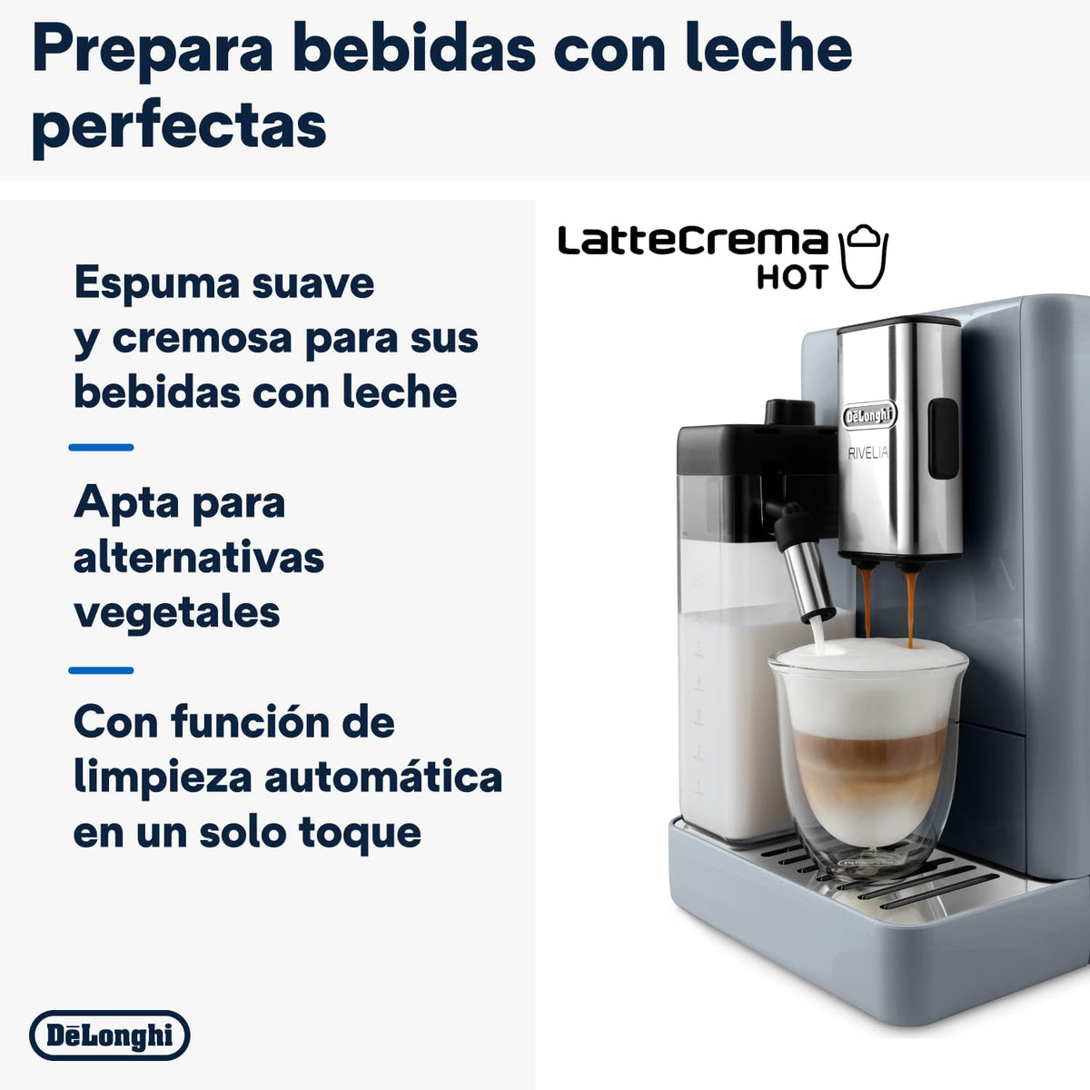 2026 De'Longhi Rivelia EXAM440.55.G, Cafetera Superautomática con LatteCrema Hot, Espumador de Leche Automático, Tamaño Compacto, 16 Recetas, Pantalla Táctil a Color, Gris