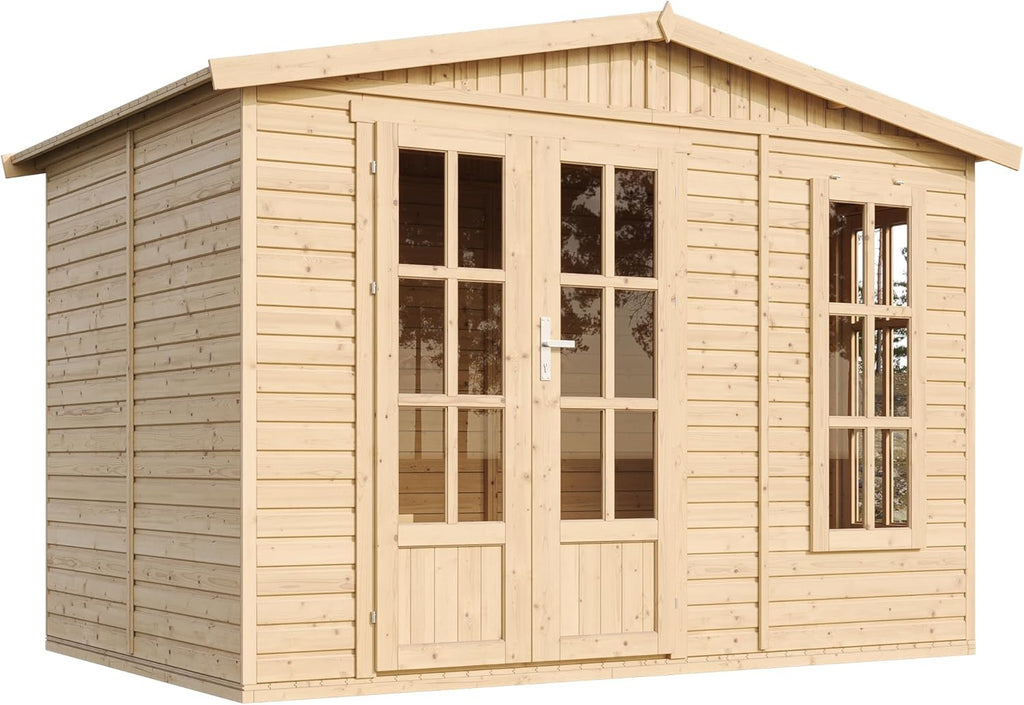 TIMBELA Holz Gartenhaus 6 m2 - Geräteschuppen Garten Außen mit Fußboden, Fenster, Doppeltür - Gartenhütte für Home Office - mit Dachpappe Grün M334FB+H334FBGREEN