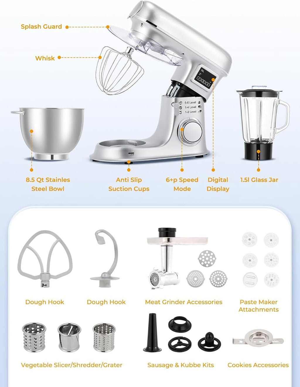 8L Standmixer - Elektrische Küchenmaschine mit LED-Display, 6 Geschwindigkeiten, Kippkopf, Edelstahlschüssel, inkl. Fleischwolf, Knethaken, Schneebesen