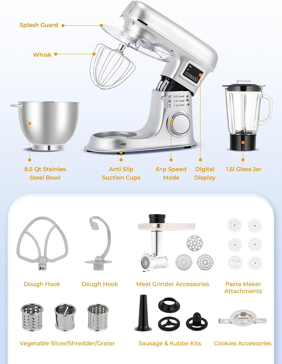 8L Standmixer - Elektrische Küchenmaschine mit LED-Display, 6 Geschwindigkeiten, Kippkopf, Edelstahlschüssel, inkl. Fleischwolf, Knethaken, Schneebesen