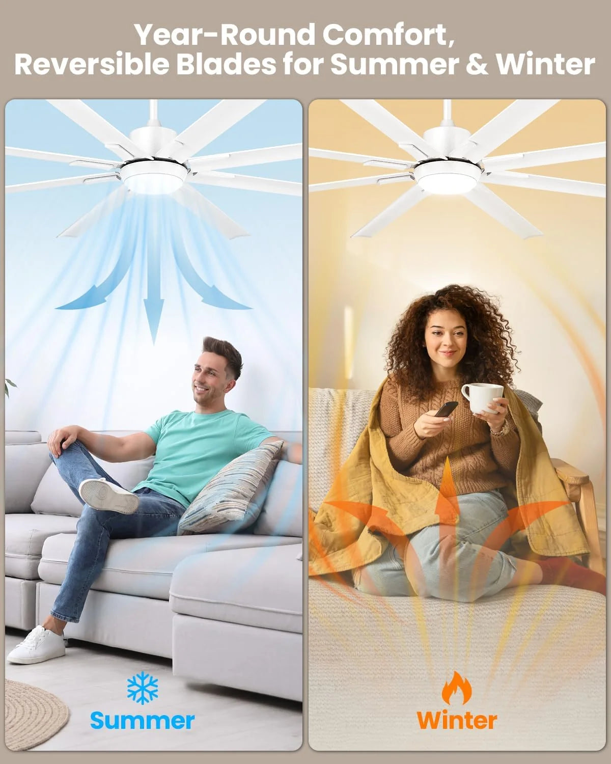 183cm Extra Großer Deckenventilator mit 8 Aluminiumflügeln, Licht und Fernbedienung, geräuscharme Ventilatorlampe mit umkehrbarem DC-Motor für Außenterrasse, großes Zimmer