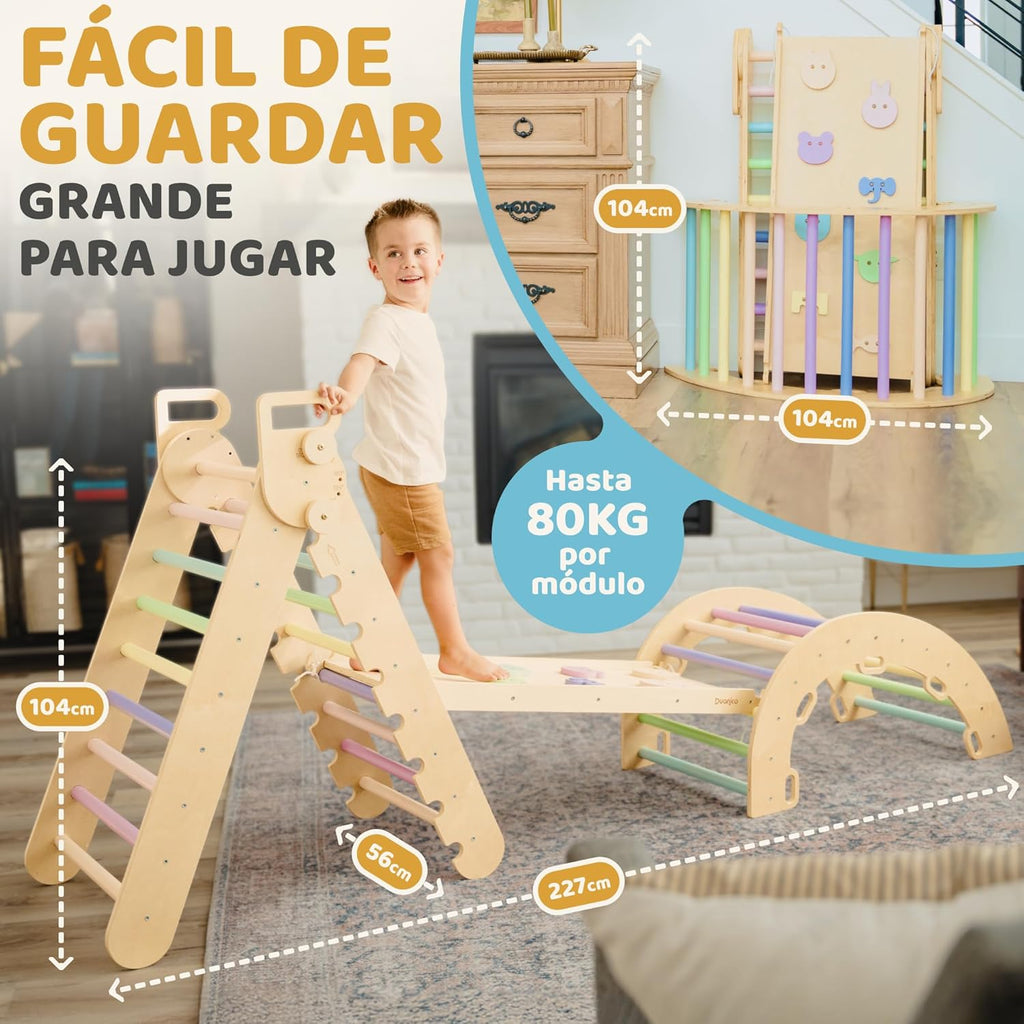 9-in-1 Montessori Pikler Dreieck Groß für 1-7+ Jahre, 5 verstellbare Winkel, Indoor und Outdoor Spielplatz aus Holz zum Klettern mit Pikler Bogen und Pickler Rampe für Kinder