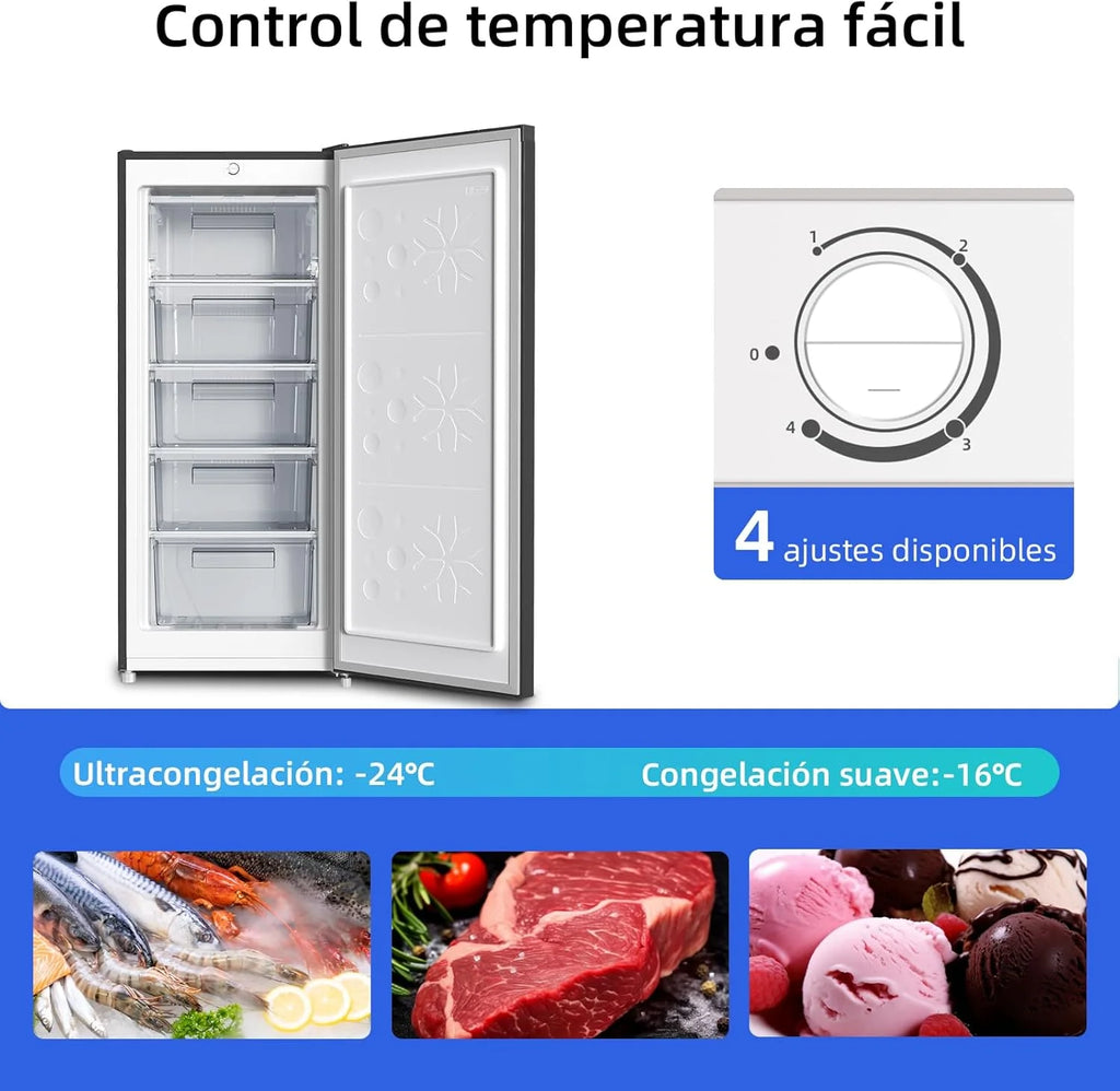 Congelador vertical independiente CHiQ, 145L de capacidad, congelación rápida, termostato ajustable, silencioso, puerta reversible, negro, clasificación energética E