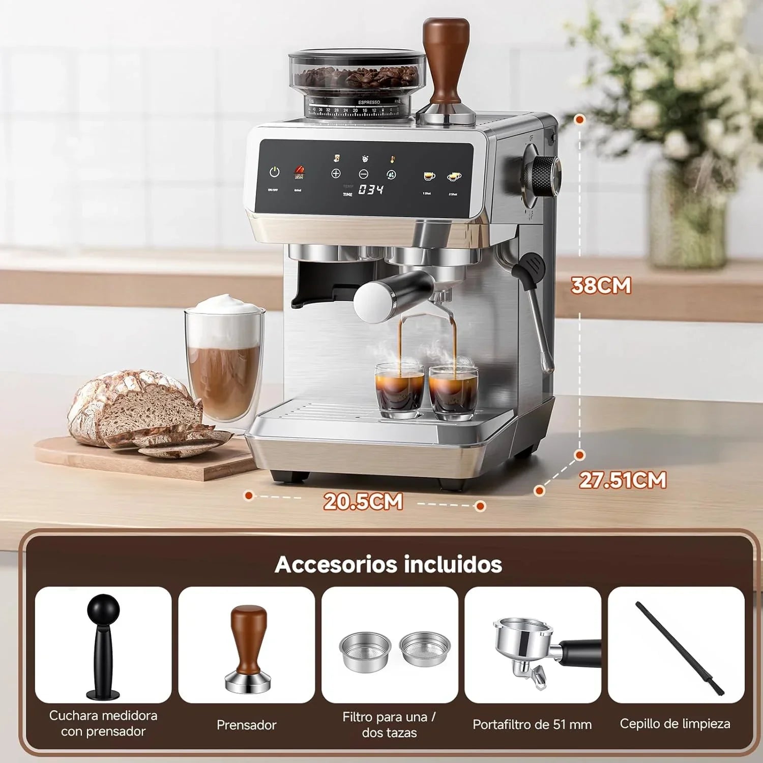 AMZCHEF Espresso Maker with Built-in Grinder 20 Bars – Coffee Machine with 44 Grinding Settings, Milk Steamer, 4 Temperatures, Cold Coffee Function, Stainless Steel, 1.8L Tank