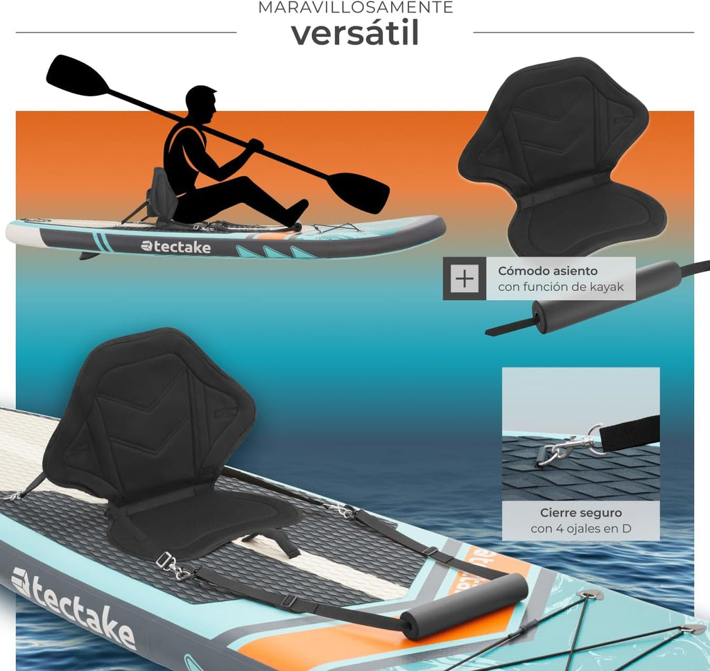 tectake® Tabla de Paddle Surf Hinchable, Incluye Remo 2 en 1, Asiento de Kayak, Bomba de Aire, Mochila de Transporte, Stand Up Paddle, Accesorios Paddle Surf, Tabla Hinchable