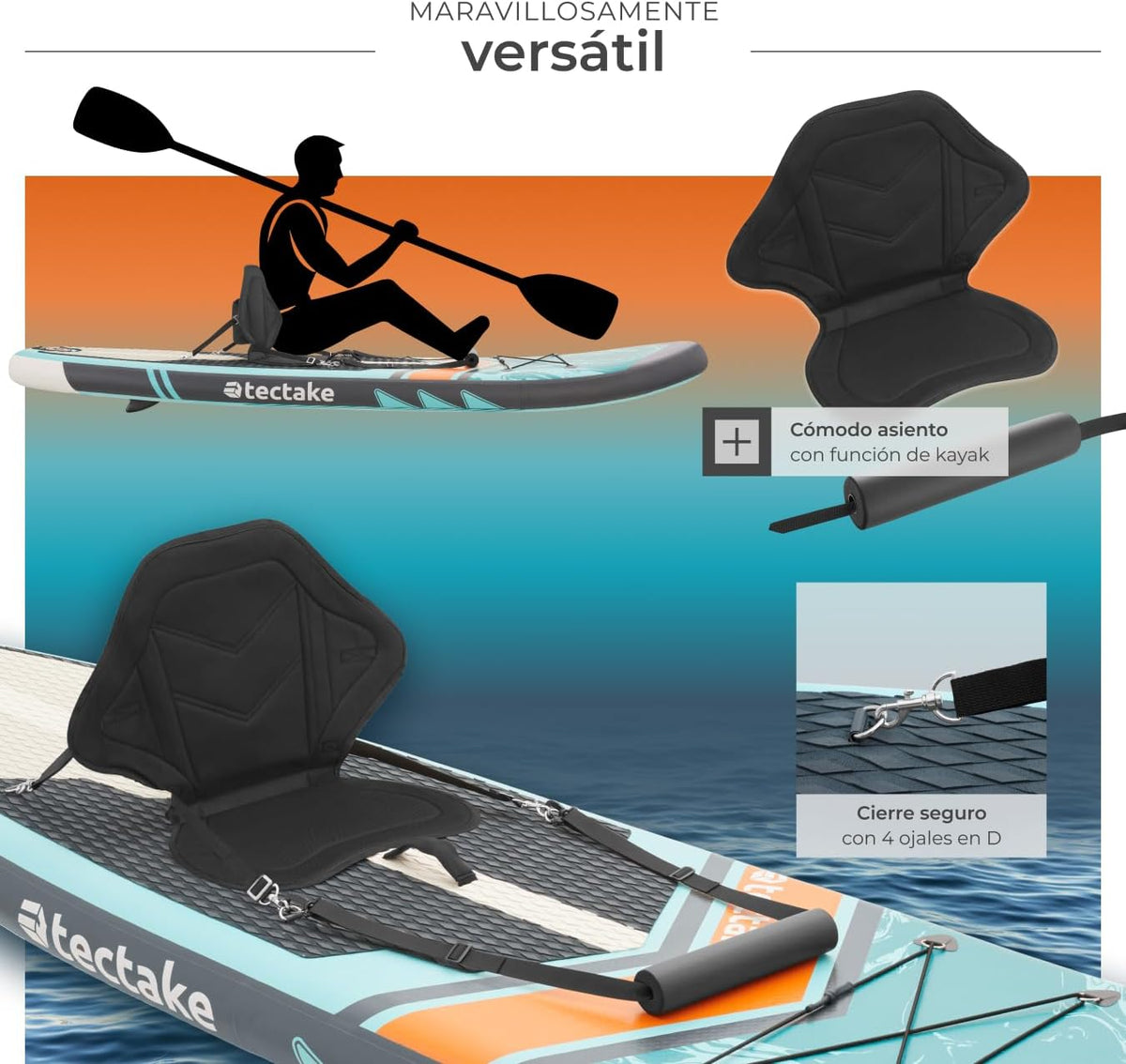 tectake® Tabla de Paddle Surf Hinchable, Incluye Remo 2 en 1, Asiento de Kayak, Bomba de Aire, Mochila de Transporte, Stand Up Paddle, Accesorios Paddle Surf, Tabla Hinchable